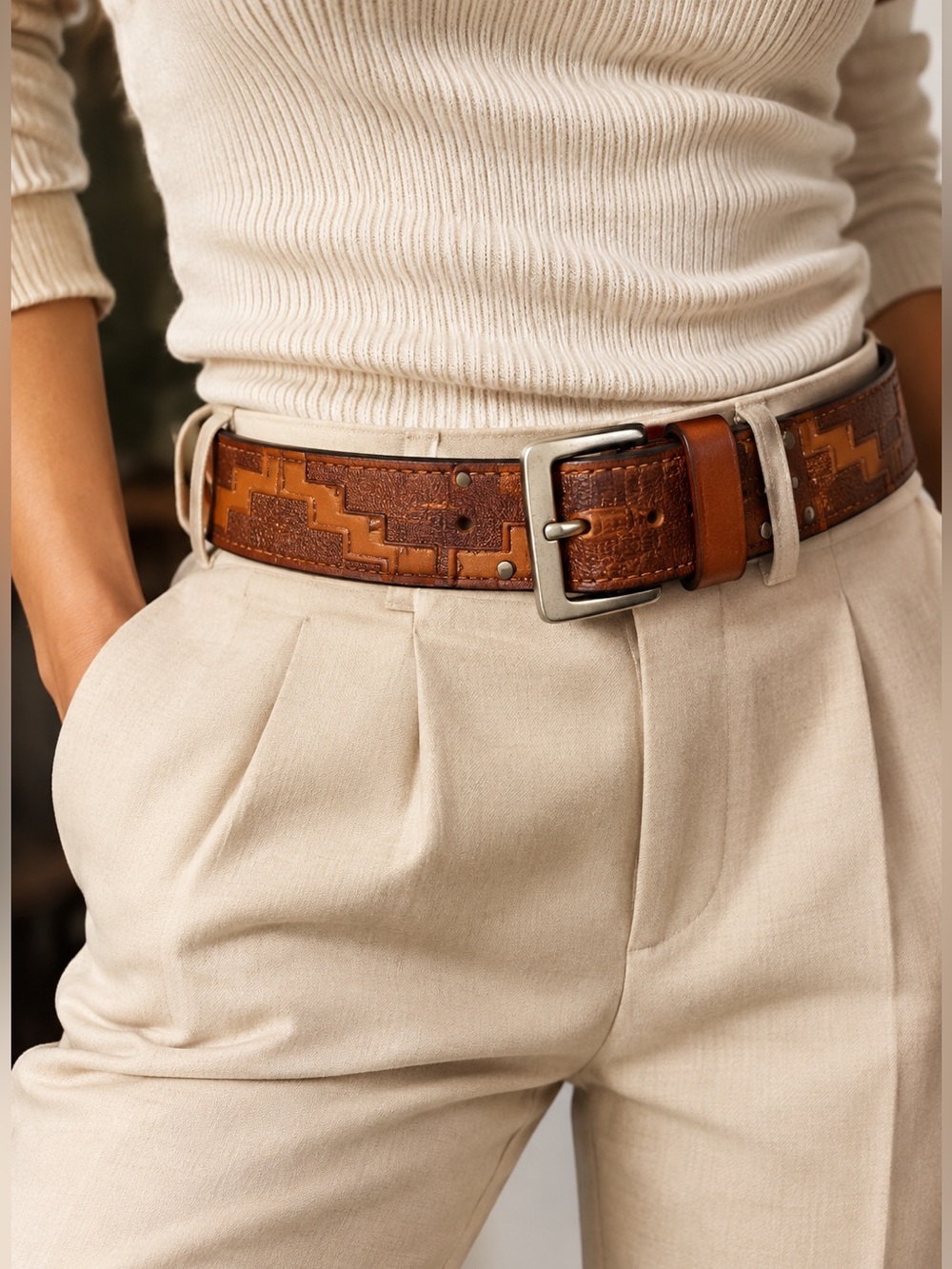 Vera Pelle Two-Tone Embossed Leather Belt in Brown and Tan